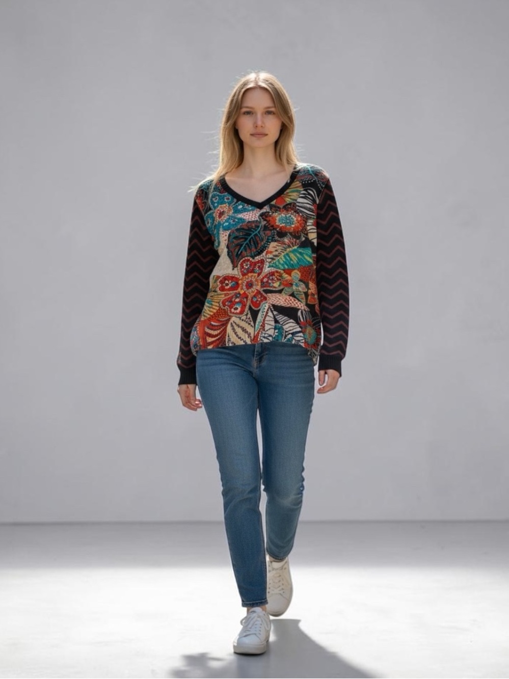 Orientique Multicolor Floral V-Neck Sweater with Black Trim